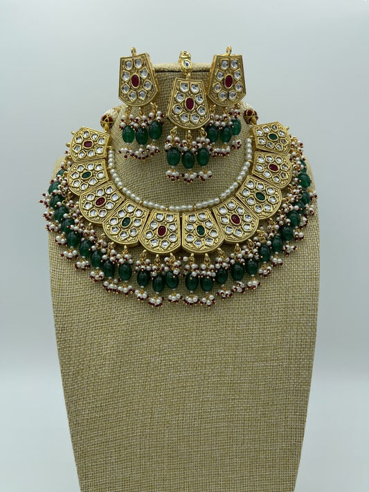 Green Kundan Bridal Statement Set - front view | Necklace Set by Adornly Designs