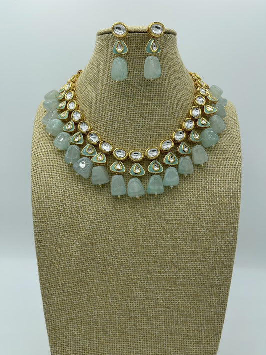 Light Blue Kundan Choker - front view | Necklace Set by Adornly Designs