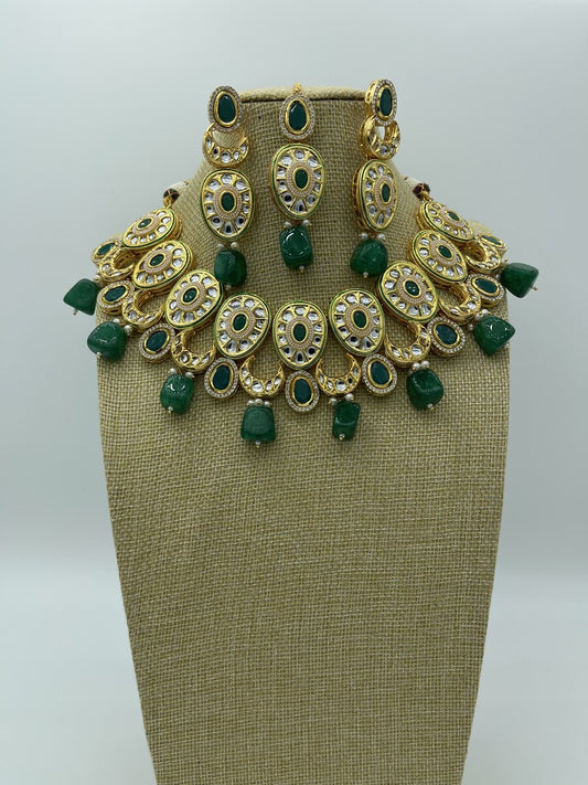 Green Teardrop Kundan Choker - front view | Necklace Set by Adornly Designs