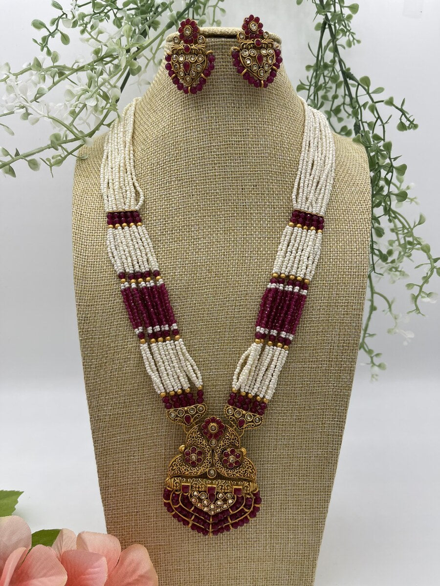 Maroon Pearl Long Necklace - side view | Necklace Set by Adornly Designs