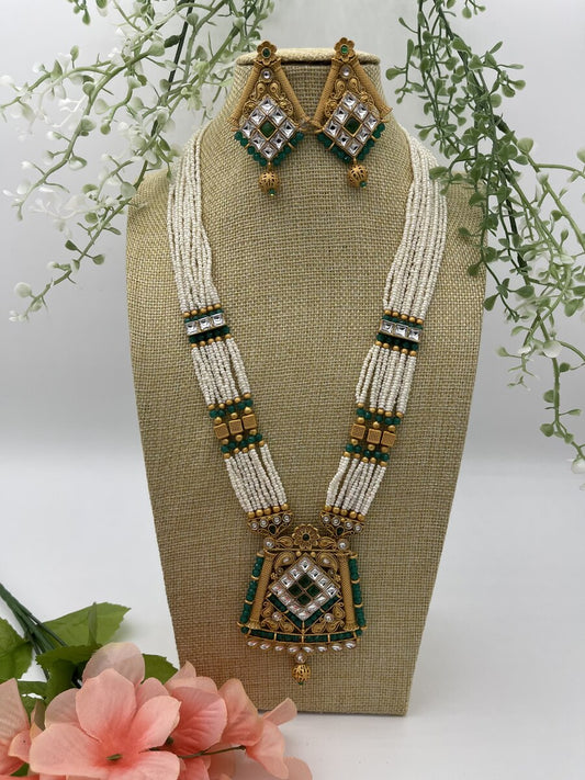 Green Pearl Long Necklace - front view | Necklace Set by Adornly Designs