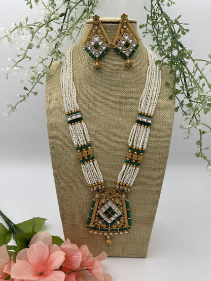 Green Pearl Long Necklace - side view | Necklace Set by Adornly Designs