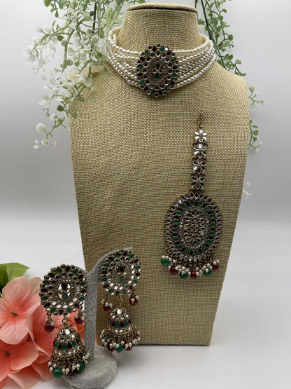 Antique Pearl Bridal Set - front view | Necklace Set by Adornly Designs
