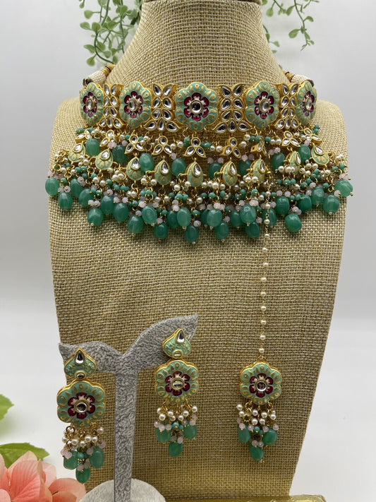 Green Festive Kundan Choker Set - front view | Necklace Set by Adornly Designs