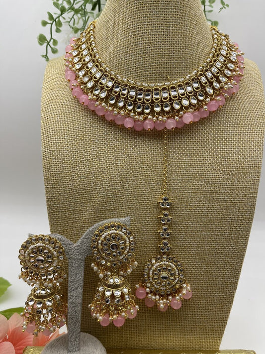 Pink Kundan Bridal Choker Set - front view | Necklace Set by Adornly Designs