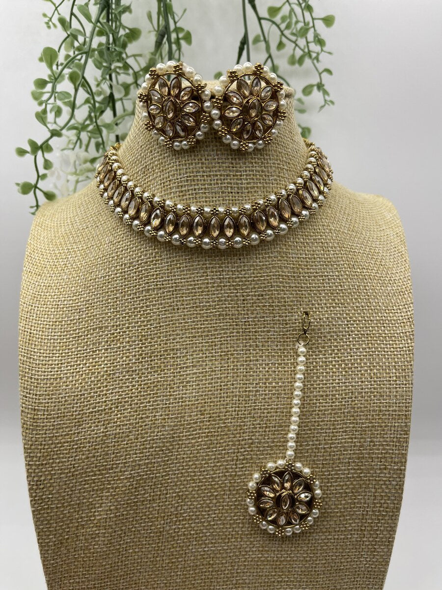 Pearl Kundan Elegance Choker - front view | Necklace Set by Adornly Designs