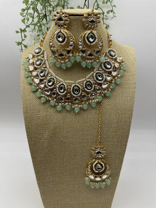 Mint Kundan Choker Set - front view | Necklace Set by Adornly Designs