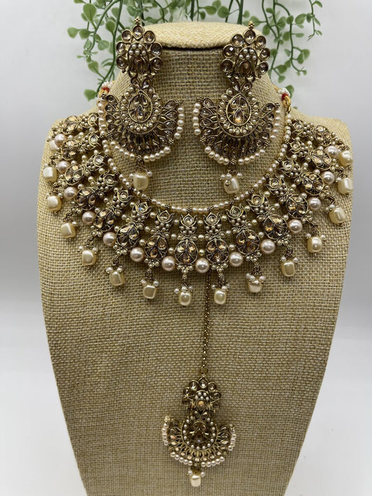 Antique Pearl Statement Set - front view | Necklace Set by Adornly Designs