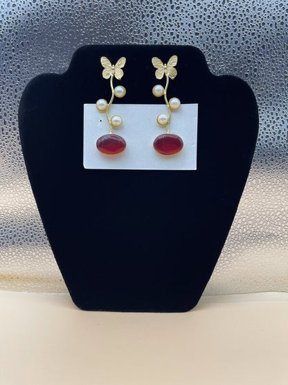 Gold Butterfly Ruby Drop Earrings - side view | Earrings by Adornly Designs