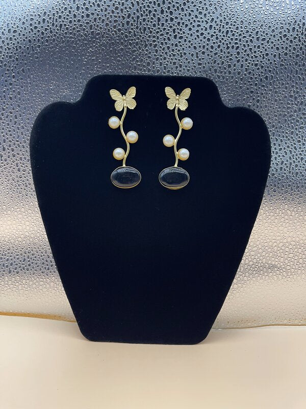Gold Butterfly Vine Teal Drop Earrings - front view | Earrings by Adornly Designs