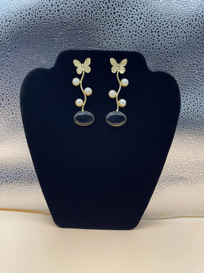 Gold Butterfly Vine Teal Drop Earrings - front view | Earrings by Adornly Designs