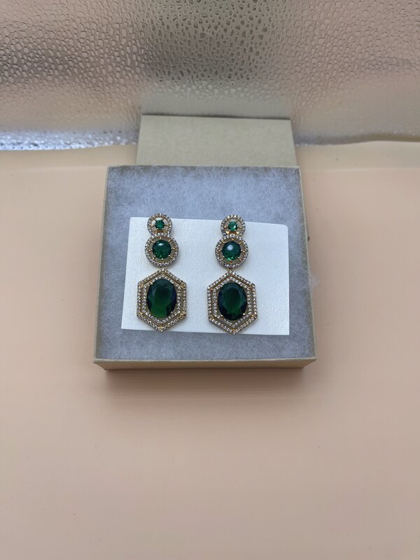 Gold Emerald Square Drop Earrings - front view | Earrings by Adornly Designs