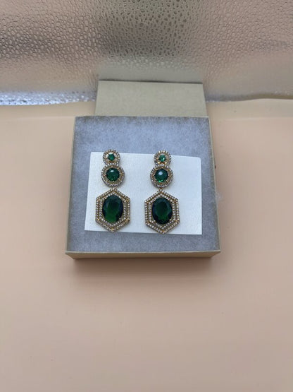 Gold Emerald Square Drop Earrings - side view | Earrings by Adornly Designs