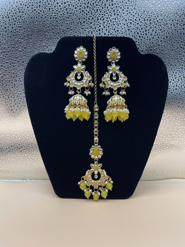 Gold Kundan Jhumka Maang Tikka Set - front view | Bridal Sets by Adornly Designs