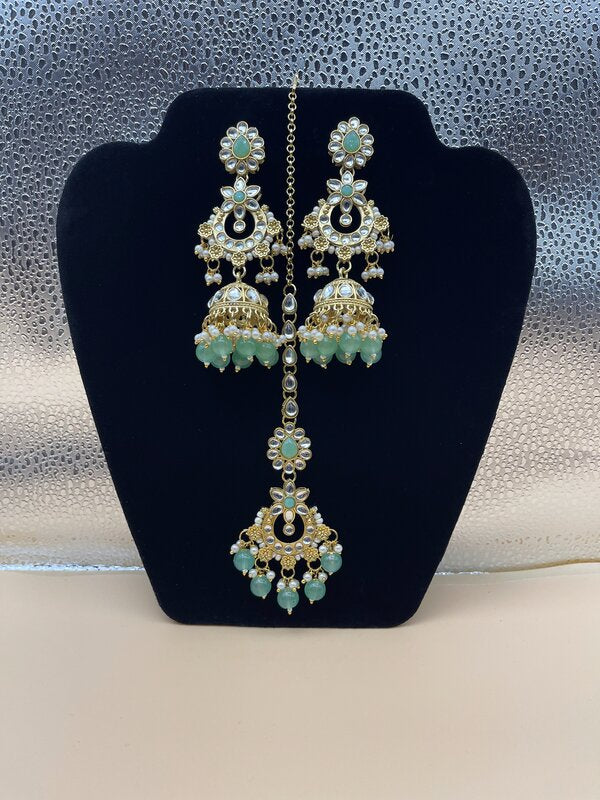 Gold Kundan Mint Chandbali Earring Set - front view | Bridal Sets by Adornly Designs