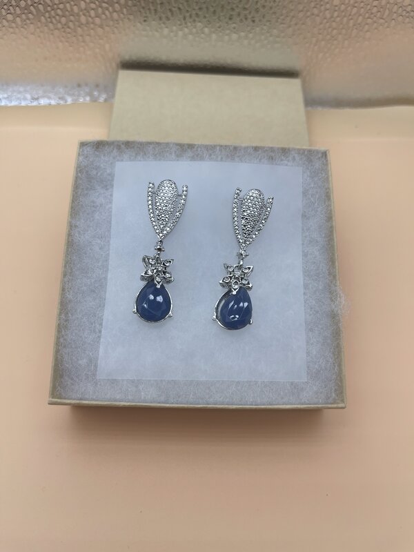Silver Blue Sapphire Round Drop Earrings - front view | Earrings by Adornly Designs