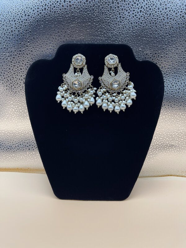Silver Crystal Cluster Chandbali Earrings - side view | Earrings by Adornly Designs