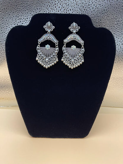 Silver Oxidized Filigree Crescent Earrings - front view | Earrings by Adornly Designs