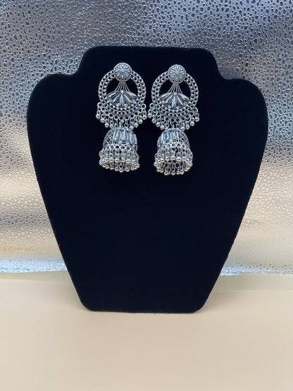 Silver Oxidized Filigree Jhumka Earrings - front view | Earrings by Adornly Designs