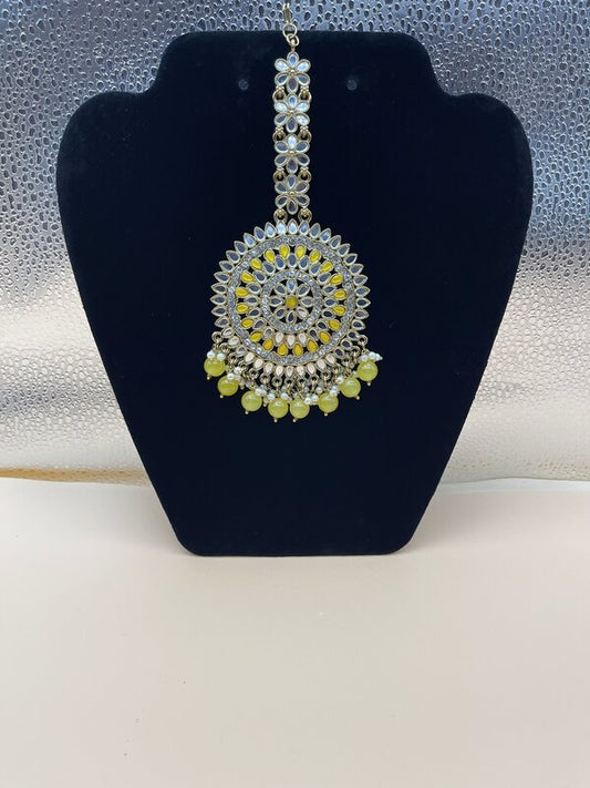 Silver Oxidized Green Beaded Maang Tikka - front view | Maang Tikka by Adornly Designs