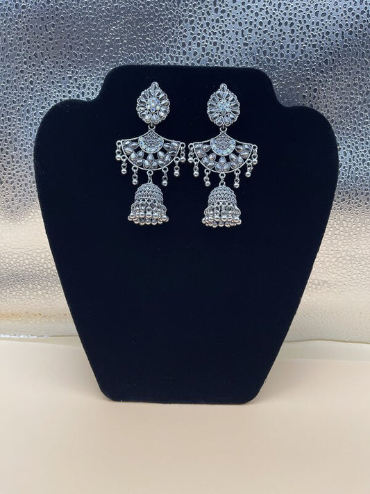 Silver Oxidized Paisley Jhumka Earrings - front view | Earrings by Adornly Designs