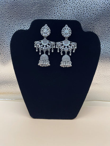 Silver Oxidized Paisley Jhumka Earrings - side view | Earrings by Adornly Designs
