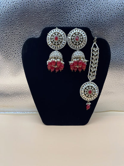 Silver Oxidized Red Jhumka Maang Tikka Set - front view | Bridal Sets by Adornly Designs