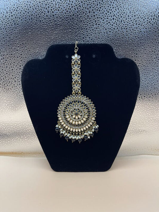Silver Oxidized Round Medallion Maang Tikka - front view | Maang Tikka by Adornly Designs