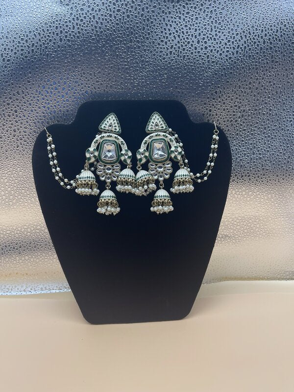 Silver Oxidized Temple Chain Jhumka Earrings - side view | Earrings by Adornly Designs