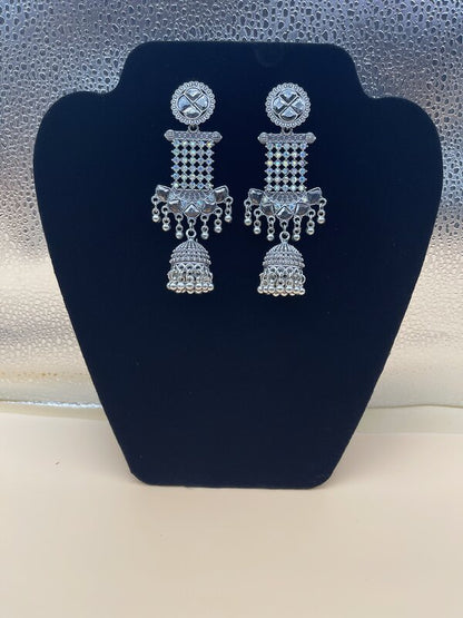 Silver Oxidized Tiered Temple Jhumka Earrings - front view | Earrings by Adornly Designs