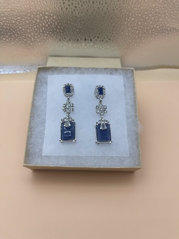 Silver Sapphire Square Dangle Earrings - front view | Earrings by Adornly Designs